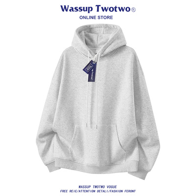 WASSUP TWO TWO美式重磅纯色连帽卫衣秋冬宽松慵懒风情侣休闲上衣
