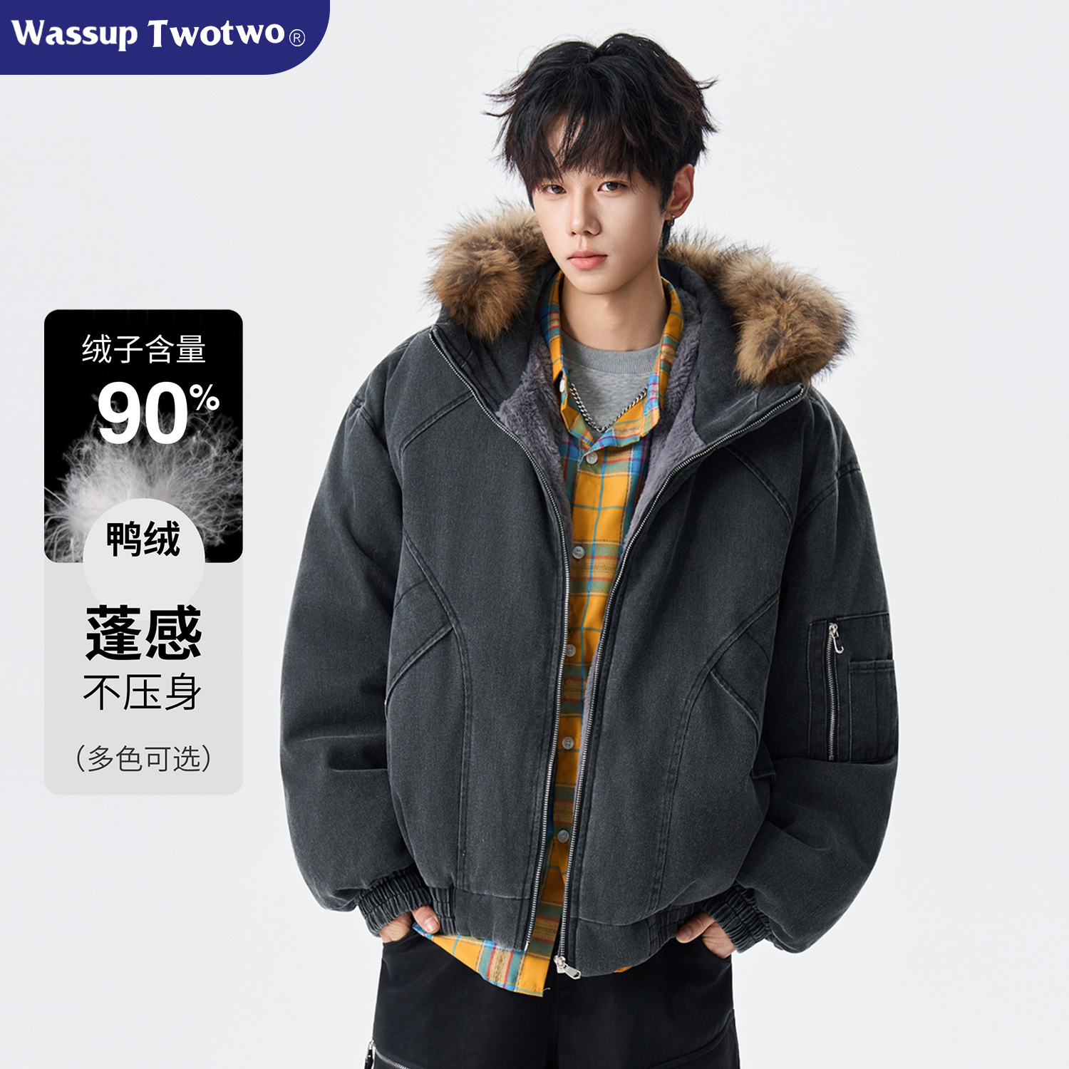 WASSUP TWO TWO座山雕加绒加厚羽绒服男美式复古毛领外套保暖夹克