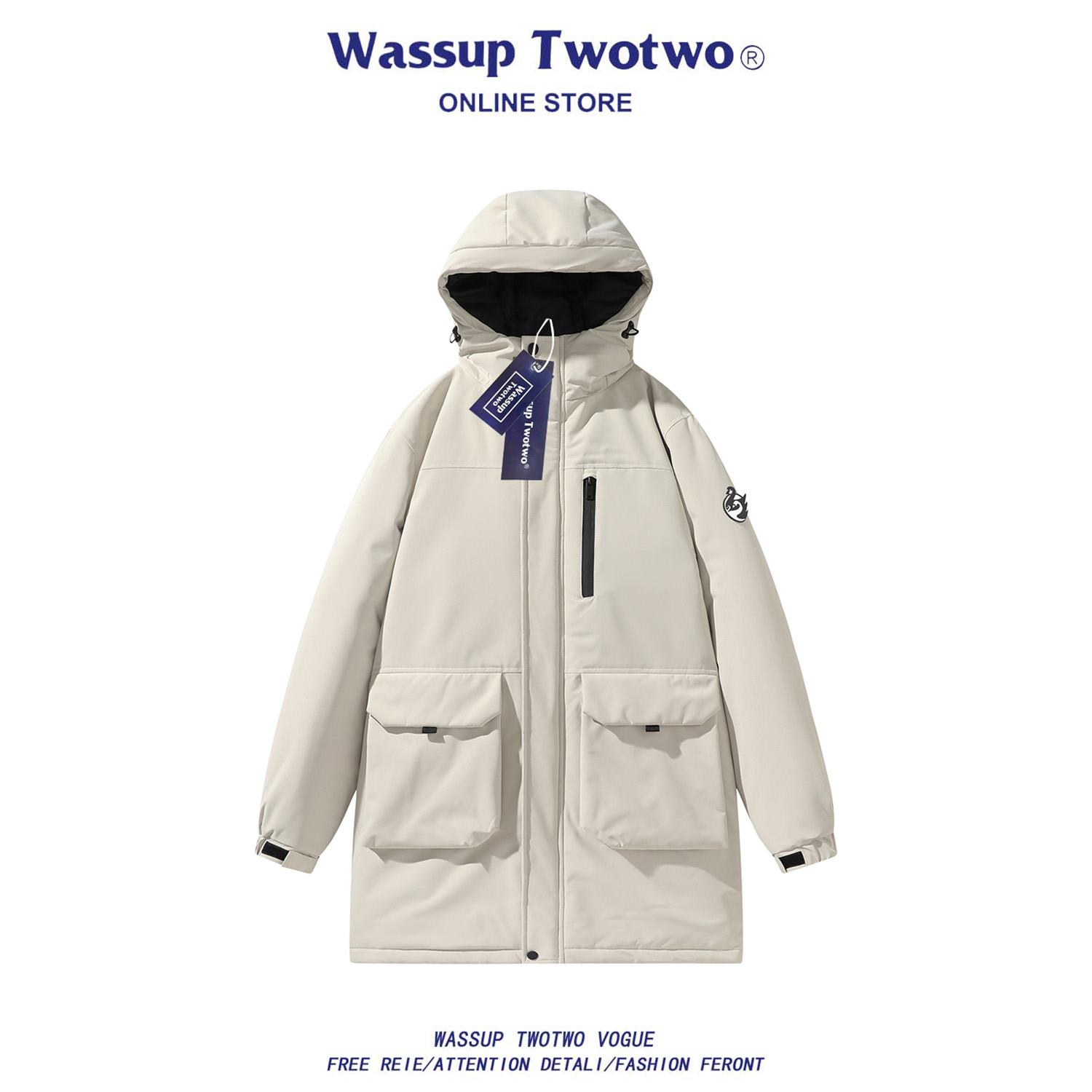 WASSUP TWO TWO2025新款连帽中长款石墨烯棉衣男冬季加厚冲锋外套