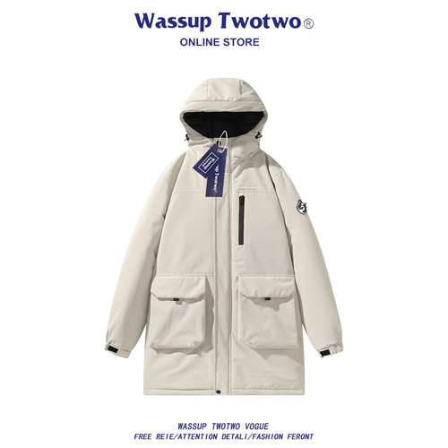 WASSUP TWO TWO2025新款连帽中长款石墨烯棉衣男冬季加厚冲锋外套