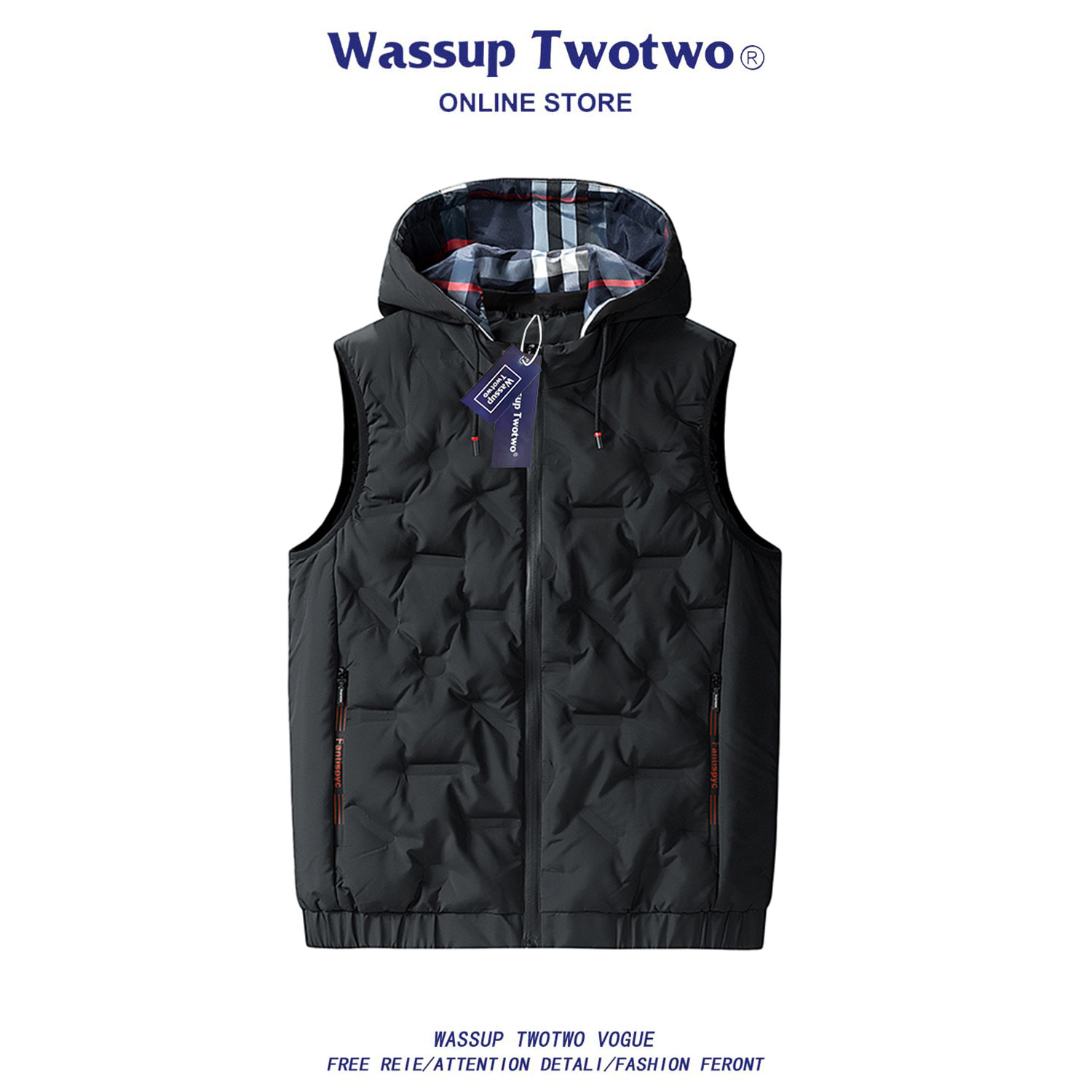 WASSUP TWO TWO羽绒马甲男士秋冬季工装轻薄连帽马夹坎肩背心外套,男装,羽绒马甲,淘宝优惠券,粉丝福利购,淘宝优惠卷
