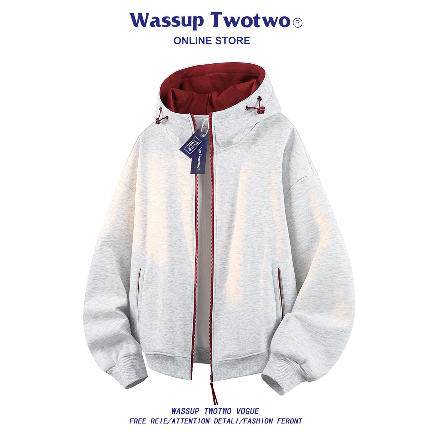 WASSUP TWO TWO秋季撞色开衫卫衣男潮牌宽松情侣休闲百搭连帽外套