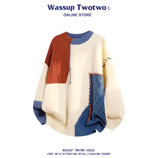 加绒保暖毛衣男休闲宽松上衣 TWO日系撞色拼接毛衣冬季 WASSUP TWO