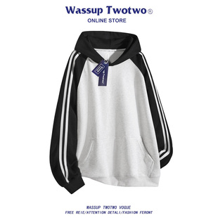 青少年高街帽衫 WASSUP 秋季 TWO潮牌撞色条纹拼色连帽卫衣男士 TWO