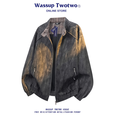 WASSUP TWO TWO立领皮衣短款秋季新款飞行皮夹克美式复古机车外套