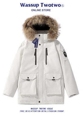 WASSUP TWO TWO冬季美式毛领派克羽绒服男外套中长款情侣连帽外套
