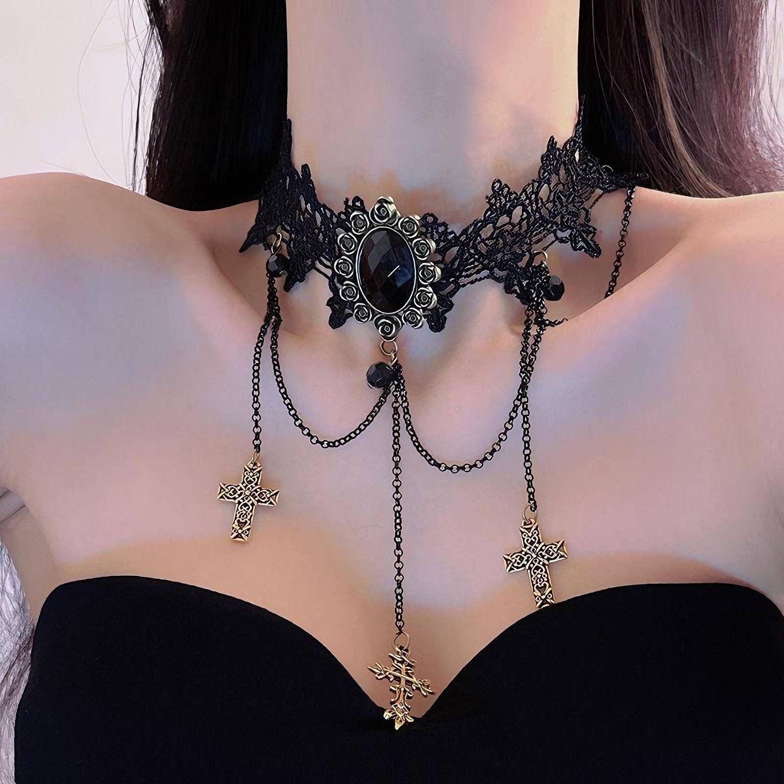 哥特风复古choker暗黑颈链蕾丝花边流苏锁骨链万圣节cos饰品项链