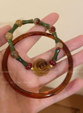 新中式玫瑰花朵串珠手镯套装女款ins小众设计感复古气质百搭手饰