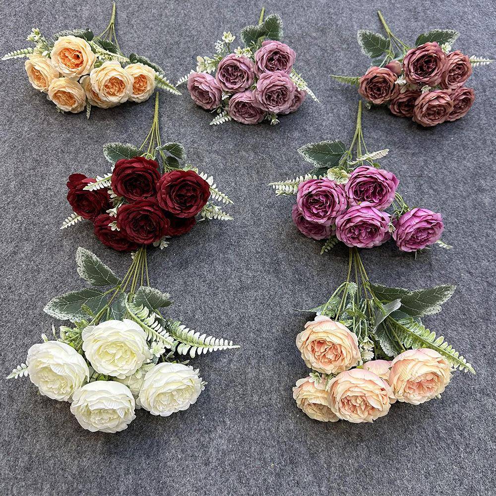 仿真6头新牡丹假花手工花束婚庆用绢花人造装饰花婚礼布置地排花