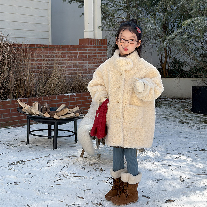 女童冬季立领皮毛一体锁温抗寒毛绒大衣儿童加厚保暖中长款外套潮