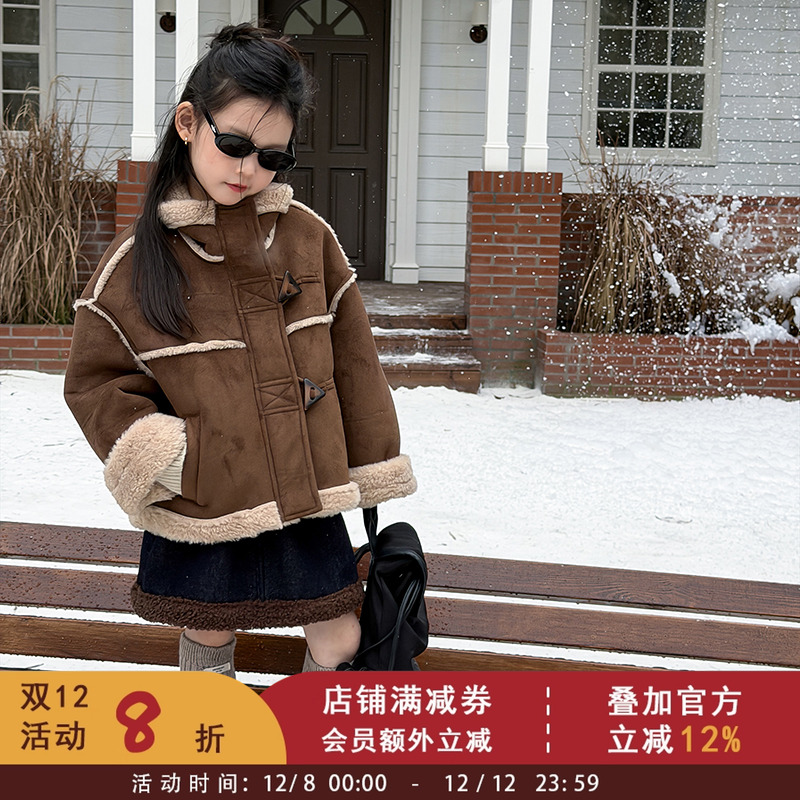 依依妈女童皮毛一体麂皮绒棉服儿童加绒加厚保暖外套亲子款棉袄冬