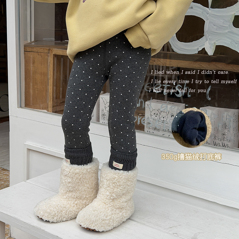 依依妈女童甜美加厚加绒波点女孩打底裤儿童宝宝冬季时髦保暖裤子