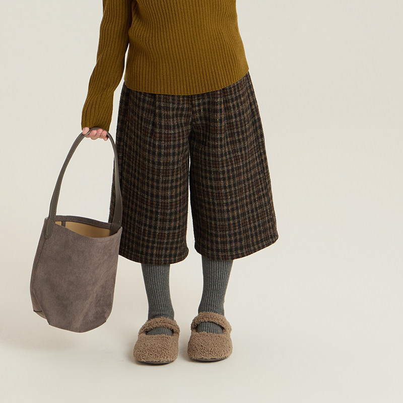 依依妈女童复古格纹八分毛呢裤2025冬儿童百搭加厚保暖奥利绒裤子