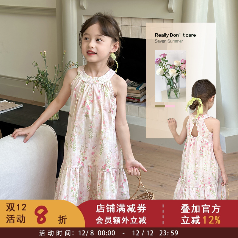 儿童法式气质公主裙2025夏装女童甜美粉花露背挂脖连衣裙宝宝裙子
