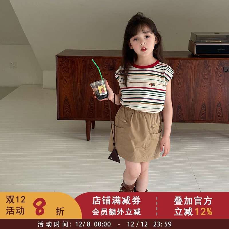 依依妈女童夏季韩系卡通彩色条纹背心儿童气质垫肩无袖上衣T恤衫