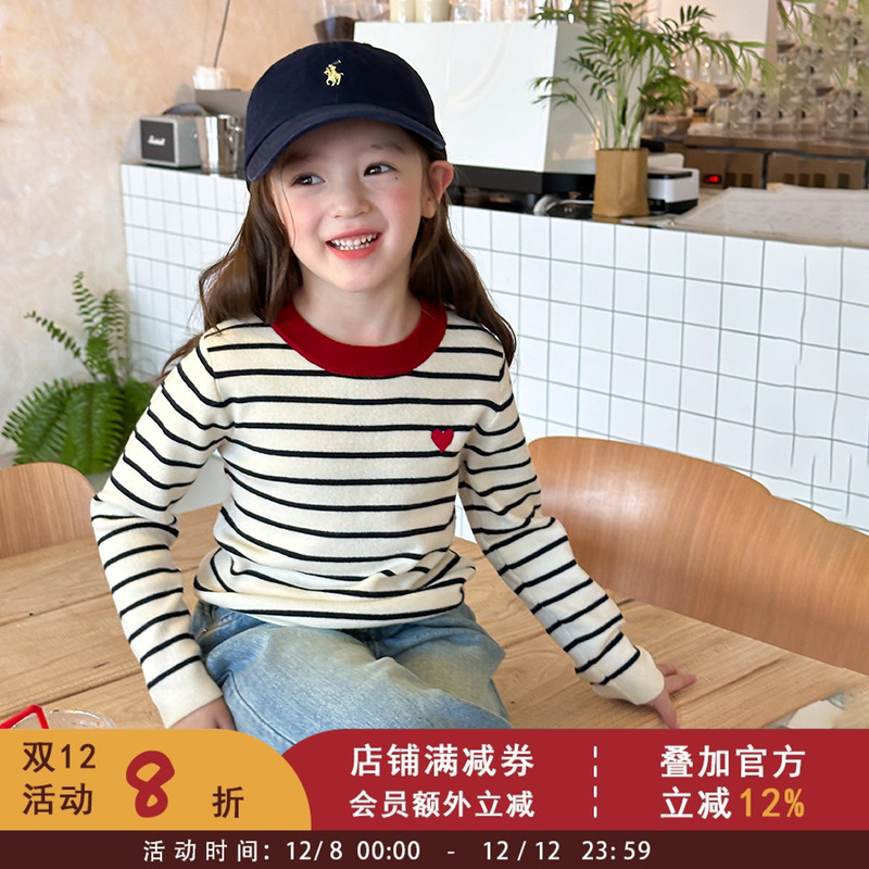 依依妈女童秋装撞色条纹爱心毛衣宝宝休闲韩版针织衫儿童洋气上衣