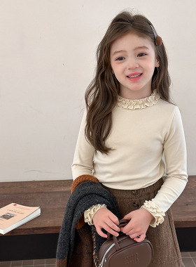 秋冬新品中大女童韩版甜美立体花边领长袖打底衫儿童纯色百搭上衣