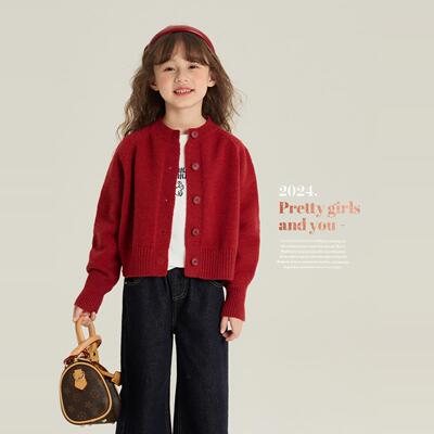 儿童复古红色针织开衫冬季新款加厚外套女童宝宝休闲洋气纯色毛衣