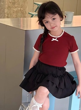 依依妈儿童洋气蕾丝花边短袖上衣女童甜美立体蝴蝶结韩版正肩T恤