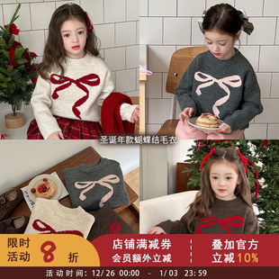 提花加厚上衣 女童韩版 儿童圣诞新年蝴蝶结毛衣宝宝冬季 洋气针织衫