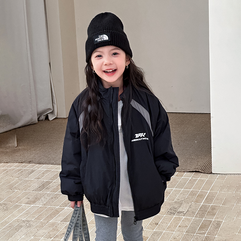 儿童加绒保暖棉衣中大女童秋冬装加厚休闲拼色夹克棉服立领外套潮