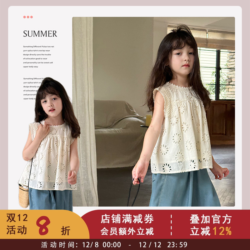 女童韩版森系度假风蕾丝背心中大儿童设计感镂空刺绣甜美无袖上衣