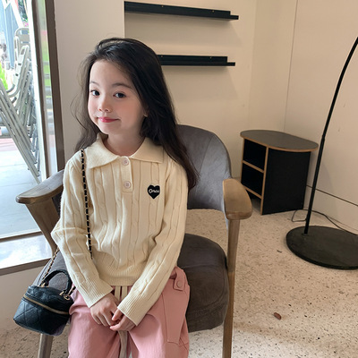 女童韩版洋气爱心POLO针织衫短款翻领毛衣春秋款儿童宝宝套头上衣