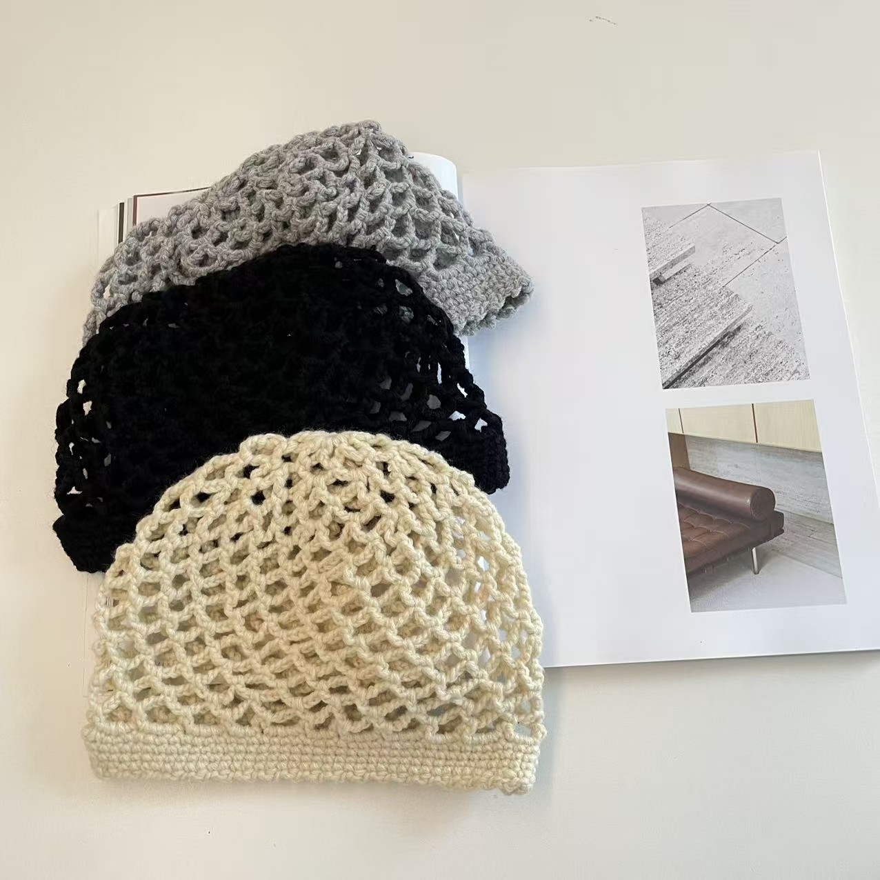 依依妈女童复古潮流渔网帽休闲时髦手工钩针瓜皮帽儿童针织洞洞帽