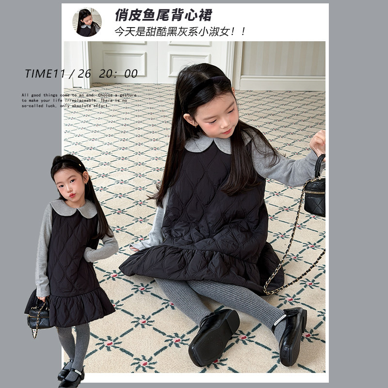 依依妈冬季儿童保暖加厚夹棉连衣裙女童俏皮可爱鱼尾花边背心裙潮