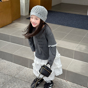 依依妈女童秋装法式蕾丝边拼接袖亮晶晶花边打底衫儿童长袖T恤潮