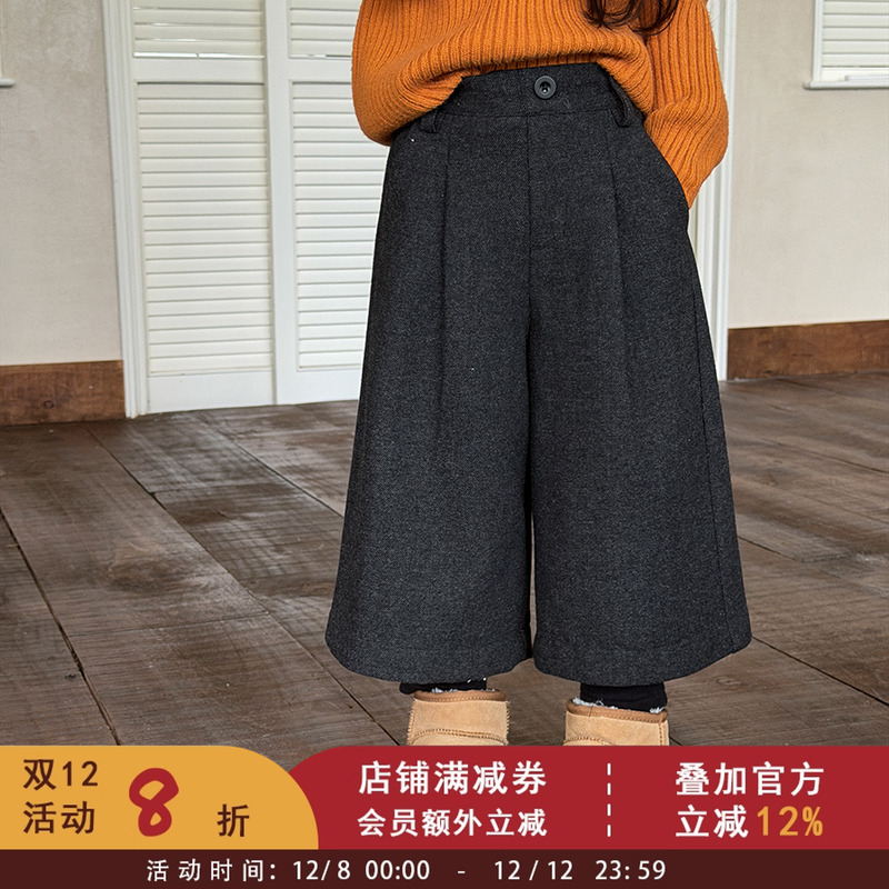 依依妈冬季女童老钱风毛呢裤洋气八分裤中大儿童假两件保暖束腿裤