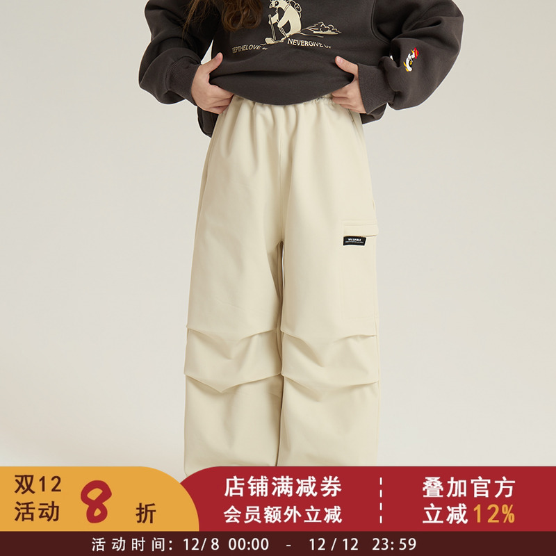 依依妈女童韩版加绒贴标工装裤中大儿童裤子冬装休闲加厚阔腿裤潮