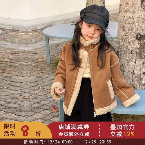 依依妈女童加厚保暖一体羊羔毛机车棉服儿童麂皮绒立领棉衣外套潮