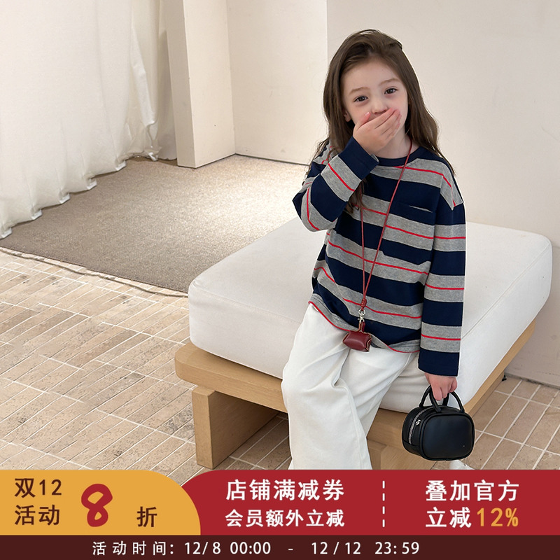 中大女童口袋长袖T恤2025秋季装新款儿童韩版宽松休闲条纹打底衫