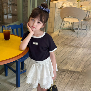 夏季 女童韩版 贴标上衣宝宝甜美蕾丝拼接T恤儿童甜美短袖 打底衫