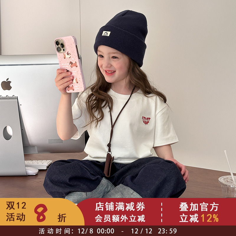 依依妈女童休闲打底衫刺绣字母T恤儿童夏季洋气韩版白色短袖上衣