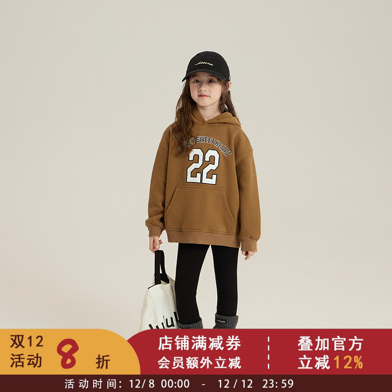 依依妈女童宽松加绒加厚连帽衫休闲上衣中大儿童韩版字母连帽卫衣