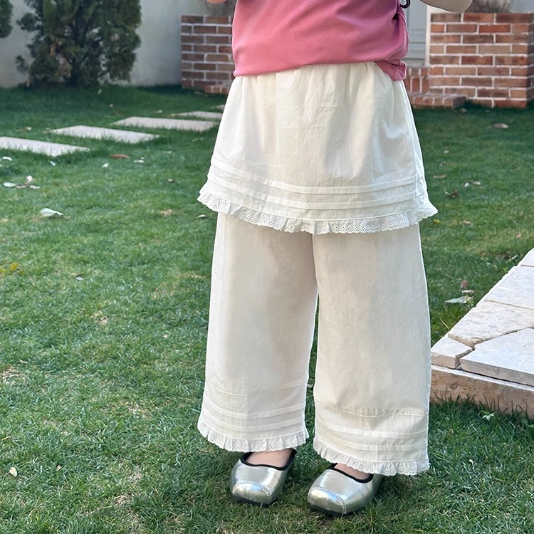 儿童甜美蕾丝边屁帘直筒裤中大童裤子女童时髦假两件叠穿花边裙裤