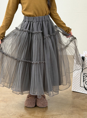 依依妈女童宝宝中长款仙气网纱裙儿童韩版甜美层次感蓬蓬半身裙冬