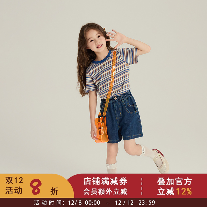 依依妈童装夏女童复古条纹短袖T恤中大童休闲百搭上衣儿童打底衫