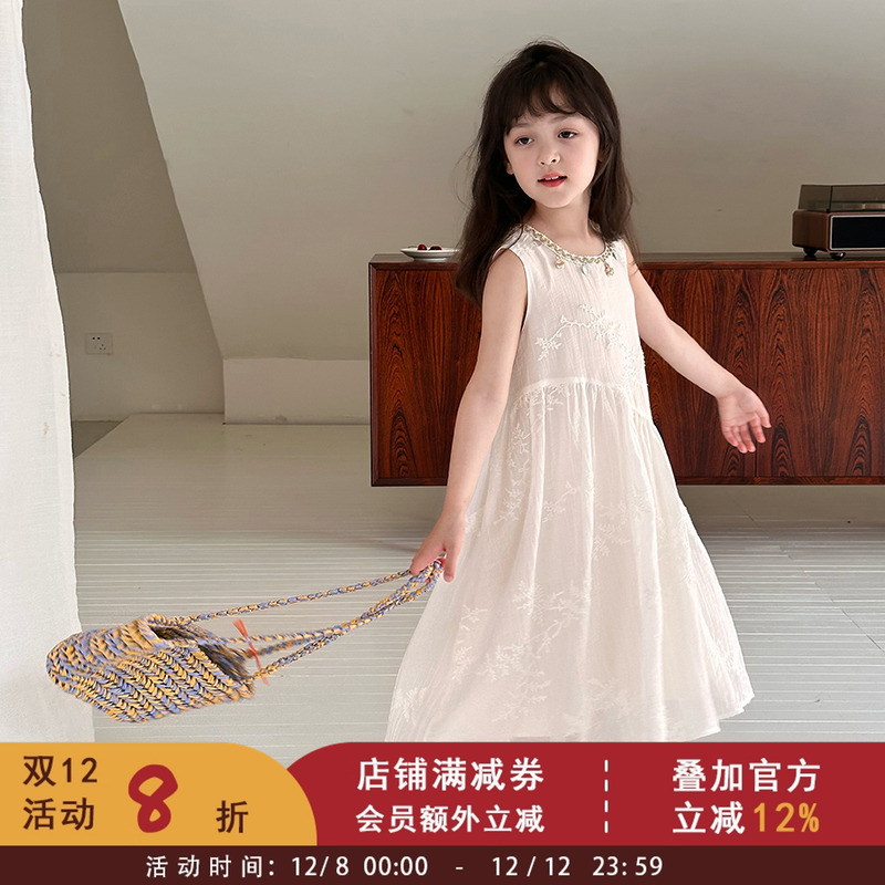 依依妈女童夏季洋气休闲度假风连衣裙儿童质感天丝绣花公主背心裙