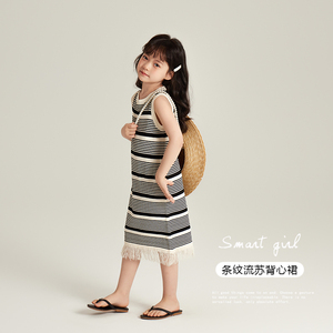 2025夏季新款儿童休闲风无袖连衣裙女童中长款针织条纹流苏背心裙