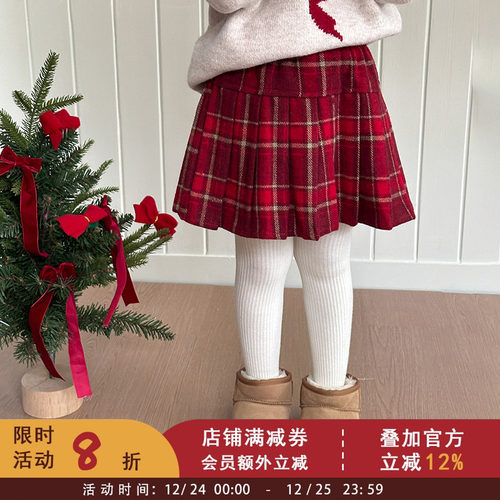 圣诞新年款~女童韩版毛呢格纹百搭半身短裙宝宝冬季装儿童百褶裙