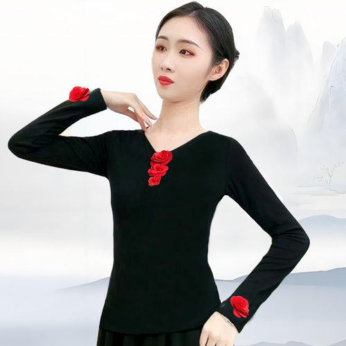 广场舞服装上衣莫代尔棉跳舞服装立体花款演出服