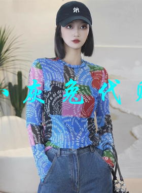 小灰兔代购2024秋新款圆领网纱方格打底衫T恤1300959-1K19211-