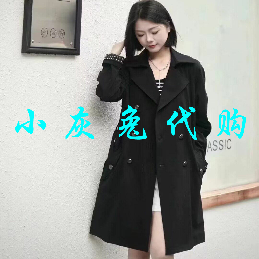 小灰兔正品2025秋中长款双排扣黑色风衣外套1400666-330511-001