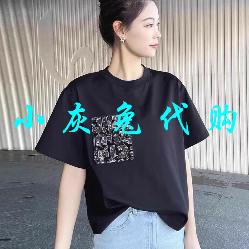 小灰兔正品2025夏新款口袋亮片钉珠设计圆领短袖T恤女530088