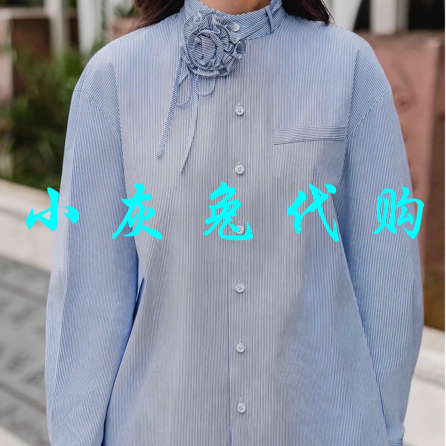 小灰兔2025春新款竖条纹花朵装饰衬衫130050-1P12362