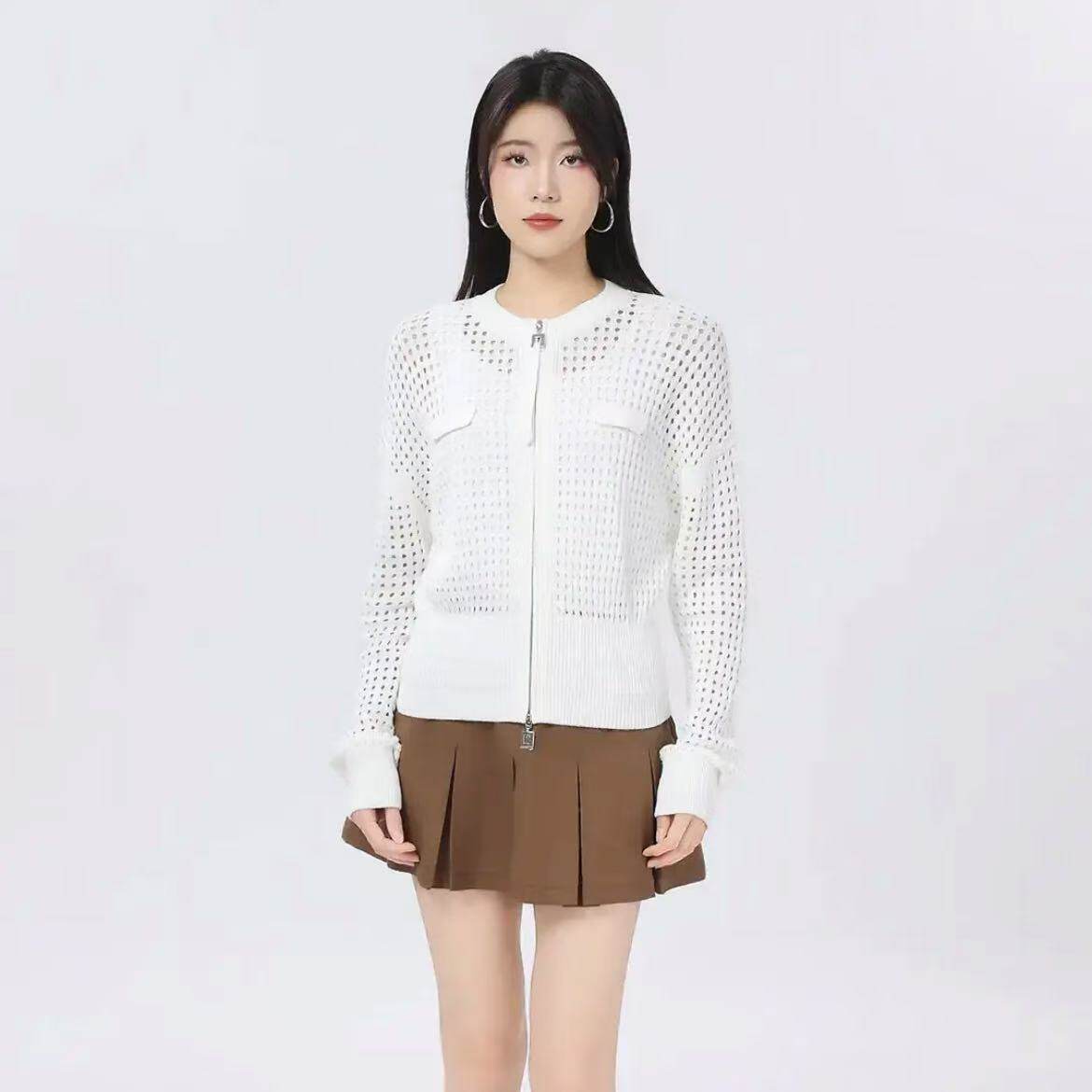 小灰兔代购2026春新款镂空长袖拉链白色开衫外套548032-1T69171