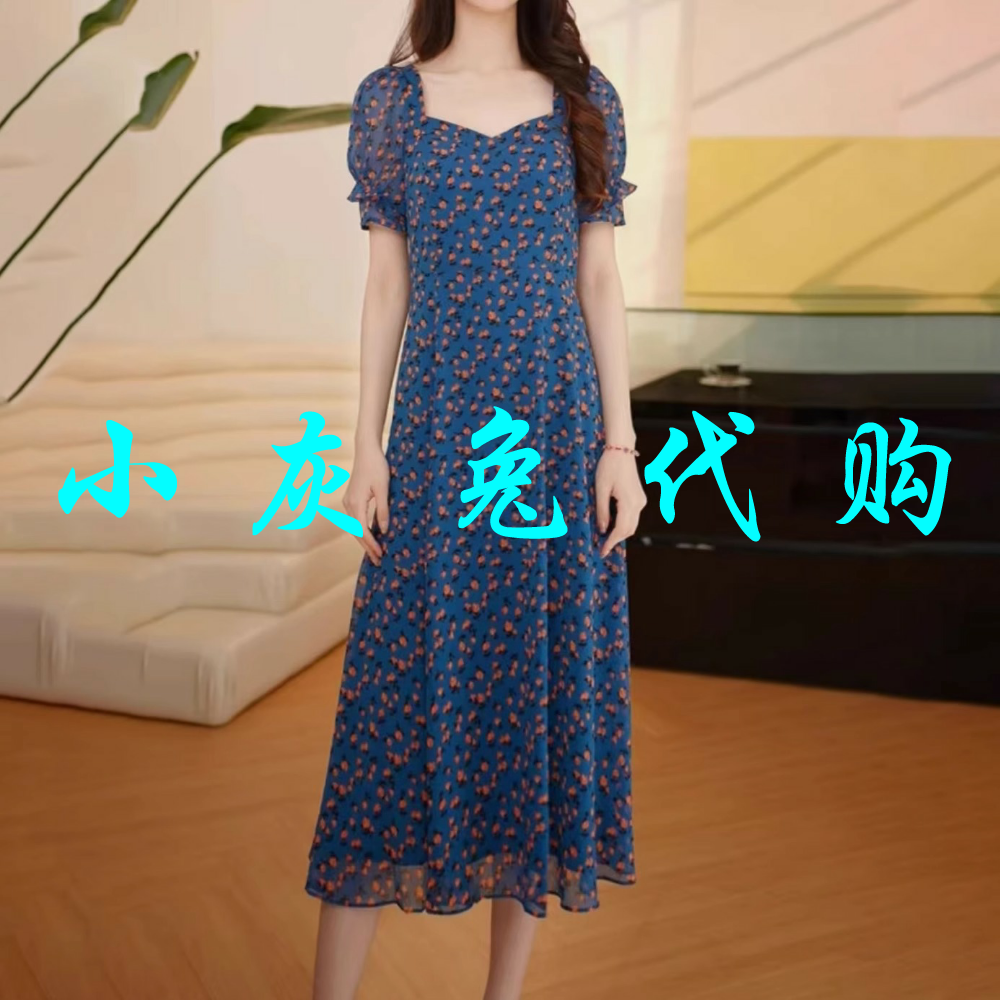 小灰兔正品2025夏方领雪纺印花短袖连衣裙1500483-2A31242-
